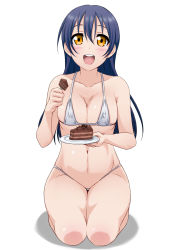 Rule 34 | 1girl, ayumu-k, bikini, blue hair, blush, breasts, cake, collarbone, food, highres, kneeling, long hair, looking at viewer, love live!, love live! school idol project, medium breasts, navel, open mouth, plate, simple background, smile, solo, sonoda umi, swimsuit, teeth, tongue, upper teeth only, white background, white bikini, yellow eyes