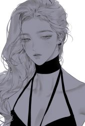 Rule 34 | 1girl, breasts, cleavage, collarbone, earrings, eyelashes, greyscale, ha ppy 0, hair over shoulder, highres, jewelry, lips, long hair, looking at viewer, medium breasts, mole, mole under eye, monochrome, original, parted lips, portrait, simple background, solo