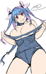 Rule 34 | 1girl, blue hair, blue one-piece swimsuit, blunt bangs, breasts, clothes pull, commentary request, gradient hair, grin, hair ribbon, happa (cloverppd), huge breasts, i-19 (kancolle), kantai collection, long hair, looking at viewer, multicolored hair, one-piece swimsuit, one-piece swimsuit pull, pink hair, pulled by self, red eyes, ribbon, simple background, sketch, smile, solo, swimsuit, tri tails, unfinished, white background