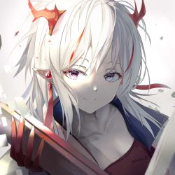 Rule 34 | 1girl, arknights, breasts, chinese commentary, cleavage, collarbone, commentary request, grey background, hand up, highres, holding, horns, long hair, looking at viewer, minoominoomi, nian (arknights), pointy ears, purple eyes, sidelocks, silver hair, smile, solo, upper body