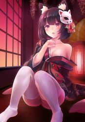 Rule 34 | 1girl, animal ear fluff, animal ears, azur lane, black hair, black kimono, blush, breasts, brown hair, cat ears, commentary request, fang, indoors, japanese clothes, kimono, large breasts, long sleeves, looking at viewer, mask, mask on head, md5 mismatch, misashi (raichi821), off shoulder, on floor, open mouth, red eyes, resolution mismatch, short hair, sitting, solo, source larger, tatami, thighhighs, white thighhighs, wide sleeves, yamashiro (azur lane)