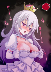 Rule 34 | 1girl, blush, breasts, brooch, cleavage, collarbone, commentary request, crown, detached collar, dress, fang, frilled dress, frilled sleeves, frills, gloves, hair between eyes, highres, jewelry, large breasts, long hair, luigi&#039;s mansion, mario (series), new super mario bros. u deluxe, nintendo, open mouth, princess king boo, short sleeves, silver hair, super crown, tongue, tongue out, translation request, twitter username, upper body, white dress, white gloves, yamu (reverse noise)