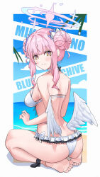 Rule 34 | 1girl, alternate costume, ass, bare shoulders, barefoot, bikini, blue archive, blue sky, blush, breasts, character name, closed mouth, commentary request, copyright name, double bun, feathered wings, feet, hair bun, hair ornament, halo, highres, looking at viewer, looking back, low wings, medium breasts, mika (blue archive), ocean, pink halo, shizukugu03, sidelocks, sky, smile, soles, solo, swimsuit, thighs, toes, white bikini, white wings, wings, yellow eyes
