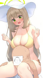 Rule 34 | 1boy, 1girl, bald, bikini, blonde hair, blue archive, blush, breasts, child&#039;s drawing, cleavage, covered face, drawing, faceless, faceless male, green eyes, halo, hands up, hat, large breasts, long hair, looking down, nonomi (blue archive), nonomi (swimsuit) (blue archive), open mouth, paper, side-tie bikini bottom, simple background, sitting, sitting on person, sitting on shoulder, sun hat, sweat, sweatdrop, swimsuit, thighs, ushimittsu, very long hair, white background, white headwear, yellow bikini