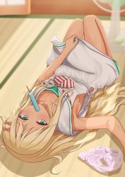 Rule 34 | 1girl, blonde hair, bow, dress, electric fan, food, food in mouth, grecale (kancolle), green eyes, hair bow, highres, kantai collection, long hair, neckerchief, panties, unworn panties, pink bow, popsicle, sailor collar, sailor dress, solo, tatami, underwear, white dress, white sailor collar, zuki