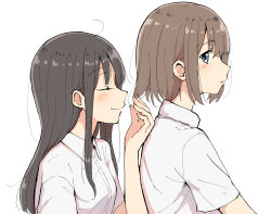 Rule 34 | 2girls, ahoge, betock, black hair, blunt bangs, brown hair, closed eyes, commentary request, eyelashes, from side, high collar, highres, long hair, looking back, multiple girls, open mouth, original, shirt, short hair, short sleeves, smelling, smelling hair, smile, white background, white shirt, yuri