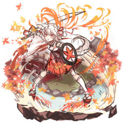 Rule 34 | 1girl, animal ears, autumn leaves, blush, detached sleeves, fire, geta, inubashiri momiji, leaf, looking at viewer, open mouth, pom pom (clothes), red eyes, ribbon-trimmed sleeves, ribbon trim, shield, short hair, siam (meow13), silver hair, skirt, solo, sword, tail, thighhighs, touhou, weapon, white thighhighs, wolf ears, wolf tail