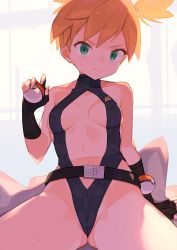 Rule 34 | 1girl, asymmetrical hair, belt, blush, breasts, cameltoe, collarbone, cowboy shot, creatures (company), curvy, ears, game freak, gloves, green eyes, gym leader, hair bun, hair ornament, halterneck, highres, holding, holding poke ball, misty (pokemon), nintendo, one-piece swimsuit, orange hair, outdoors, poke ball, pokemon, pokemon: the electric tale of pikachu, ponytail, pussy, shiny clothes, short hair, side ponytail, simple background, slingshot swimsuit, smile, solo, spring2013, swimsuit, thighs, turtleneck