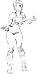 Rule 34 | 1girl, absurdres, bare legs, bare shoulders, bikini, breasts, cleavage, daikokuya3669, gloves, highres, kinnikuman, kinnikuman lady, looking at viewer, monochrome, muscular, muscular female, open mouth, revealing clothes, short hair, shoulder pads, shoulder tattoo, small breasts, solo, swimsuit, tattoo, thong bikini, translation request, warsman evushka, wide hips, wrestling, wrestling outfit