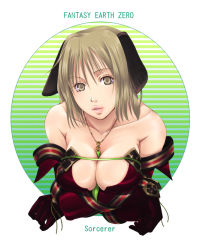 Rule 34 | 1girl, animal ears, bare shoulders, between breasts, breast hold, breasts, brown eyes, brown hair, cleavage, fantasy earth zero, gloves, large breasts, mr.romance, solo