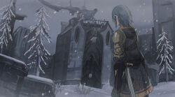 Rule 34 | 1boy, armor, blue hair, building, chainmail, ear piercing, facing away, final fantasy, final fantasy xiv, from behind, gloves, green gloves, haurchefant greystone, highres, kinona, male focus, outdoors, overcast, pauldrons, piercing, pointy ears, shoulder armor, sky, snow, snowing, solo, sword, tree, weapon