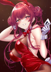 Rule 34 | 1girl, absurdres, bare shoulders, gloves, heterochromia, highres, hololive, houshou marine, leotard, looking at viewer, playboy bunny, red eyes, red hair, smile, solo, virtual youtuber, wanzi (99wanzi99), white gloves, yellow eyes