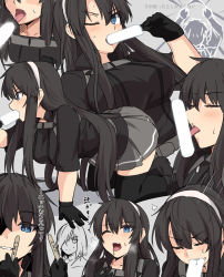 Rule 34 | 1boy, 1girl, black footwear, black gloves, black hair, black thighhighs, blue eyes, blush, breasts, collarbone, commentary request, crossdressing, fate/grand order, fate (series), fellatio, food, fujimaru ritsuka (female), fujimaru ritsuka (female) (polar chaldea uniform), fujimaru ritsuka (male), gloves, grey skirt, hair between eyes, hairband, hetero, holding, large breasts, long hair, looking at viewer, mash kyrielight, multiple views, okawaii koto, one eye closed, open mouth, oral, popsicle, sexually suggestive, shiseki hirame, shoes, simulated fellatio, skirt, thighhighs, tongue, tongue out, translation request, white hairband
