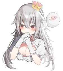 Rule 34 | 1girl, blush, boo (mario), breasts, cleavage, dress, embarrassed, ghost, grey hair, hat, highres, long hair, luigi&#039;s mansion, mafuyu (chibi21), mario (series), medium breasts, new super mario bros. u deluxe, nintendo, princess king boo, red eyes, simple background, solo, super crown, upper body, white background
