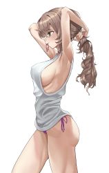 Rule 34 | 1girl, absurdres, armpits, arms up, bad id, bad pixiv id, blush, breasts, brown hair, closed mouth, commentary, covered erect nipples, cowboy shot, eyelashes, fang, from side, green eyes, hair between eyes, hair tie in mouth, highres, large breasts, long hair, mouth hold, no bra, original, panties, ponytail, profile, purple panties, roupo99, shirt, side-tie panties, sideboob, simple background, skin fang, sleeveless, sleeveless shirt, smile, solo, thighs, tying hair, underwear, white background, white shirt
