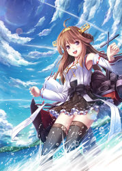 Rule 34 | 10s, 1girl, :d, ahoge, akashio (loli ace), bare shoulders, boots, brown hair, day, detached sleeves, double bun, female focus, hair ornament, hairband, headgear, japanese clothes, kantai collection, kongou (kancolle), long hair, no panties, nontraditional miko, open mouth, personification, purple eyes, ribbon-trimmed sleeves, ribbon trim, sky, smile, solo, thigh boots, thighhighs, water