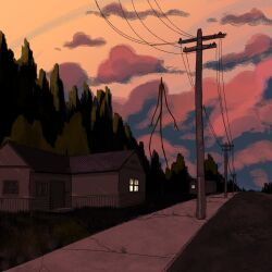 Rule 34 | cloud, commentary, english commentary, giant, highres, horror (theme), house, jinjango, monster, original, road, sidewalk, solo, street, sunset, tree, utility pole