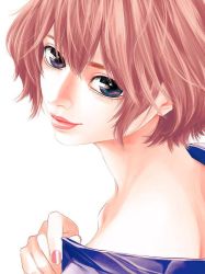 Rule 34 | 1girl, blue eyes, brown hair, close-up, date madoka, hare-kon., light smile, lips, looking at viewer, looking back, nail polish, non (mangaka), short hair, simple background, solo, upper body, white background