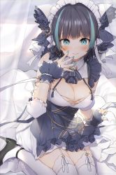 Rule 34 | 1girl, absurdres, aqua eyes, arm support, azur lane, bed, black hair, blue hair, blue nails, blush, breasts, cheshire (azur lane), cleavage, commentary, commentary request, curtains, dated, detached sleeves, dress, duplicate, frills, garter straps, hairband, hand on own face, highres, large breasts, long hair, looking at viewer, maid headdress, multicolored hair, nail polish, puffy sleeves, ribbon, signature, sitting, smile, solo, streaked hair, thighhighs, white thighhighs, wrist cuffs, yana mori, yokozuwari