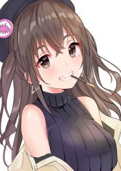 Rule 34 | 1girl, bare shoulders, beret, black hat, black sweater, blush, breasts, brown eyes, brown hair, commentary request, food, grin, hat, head tilt, idolmaster, idolmaster cinderella girls, jacket, koukoku, long hair, looking at viewer, medium breasts, mole, mole under eye, mouth hold, off shoulder, open clothes, open jacket, pocky, ribbed sweater, sharp teeth, sidelocks, simple background, sleeveless, sleeveless turtleneck, smile, solo, sunazuka akira, sweater, teeth, turtleneck, two side up, upper body, white background, white jacket