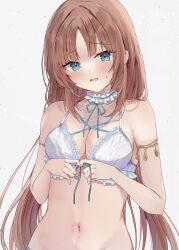 Rule 34 | 1girl, armband, blue bow, blue bowtie, blue eyes, blunt bangs, blush, bow, bowtie, bra, breasts, choker, cleavage, collarbone, frilled choker, frills, genshin impact, highres, light brown hair, light particles, long hair, low twintails, maruro, navel, nervous, nilou (genshin impact), open mouth, own hands together, parted bangs, simple background, small breasts, solo, sweatdrop, twintails, underwear, underwear only, upper body, white background, white bra, white choker