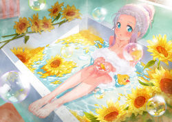 Rule 34 | 1girl, barefoot, bathing, bathtub, blue eyes, blush, bubble, cupping hands, eromanga sensei, feet, flower, foam, from above, full body, hair up, highres, izumi sagiri, long hair, nude, own hands together, parted lips, petals, rubber duck, silver hair, sitting, solo, sunflower, sunlight, toes, towel, towel on head, water, waterring, wet