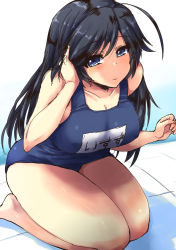 Rule 34 | 10s, 1girl, bare shoulders, black hair, blue eyes, blush, breasts, cleavage, girls und panzer, isuzu hana, large breasts, long hair, looking at viewer, name tag, one-piece swimsuit, pool, school swimsuit, shinshin, sitting, smile, solo, swimsuit, wariza, water