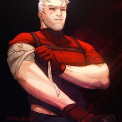 Rule 34 | 1boy, artist name, bandaged arm, bandages, bara, gloves, highres, large pectorals, male focus, muscular, muscular male, oricalcon, overwatch, overwatch 1, pectorals, red gloves, red shirt, scar, scar on face, scar on mouth, scar on nose, shirt, short hair, soldier: 76 (overwatch), solo, white hair
