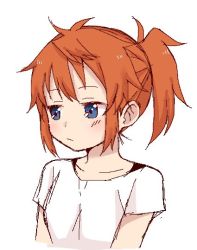 Rule 34 | 1girl, :/, blue eyes, blush, brown hair, collarbone, commentary request, koshigaya natsumi, looking away, looking to the side, non non biyori, ponytail, shika (s1ka), shirt, short sleeves, sidelocks, simple background, sketch, solo, upper body, white background, white shirt
