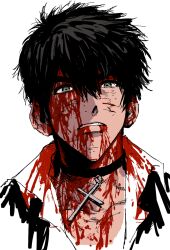 Rule 34 | 1boy, black choker, black hair, blood, blood from mouth, blood on clothes, blood on face, choker, collarbone, collared shirt, cross, cross choker, grey eyes, highres, looking at viewer, male focus, messy hair, my nameisyoon, nicholas d. wolfwood, parted lips, portrait, shirt, short hair, simple background, solo, teeth, trigun, white background, white shirt