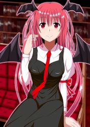 Rule 34 | 1girl, akagane03, aura, bat wings, black dress, blurry, blush, book, bookshelf, breasts, couch, depth of field, dress, dress shirt, head wings, highres, koakuma, large breasts, library, long hair, long sleeves, looking at viewer, necktie, red eyes, red hair, red necktie, shirt, sitting, slit pupils, smile, solo, touhou, very long hair, voile, wings