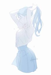 Rule 34 | 1girl, ajimita, blue skirt, blue theme, cropped legs, closed eyes, from side, hands up, high-waist skirt, long hair, monochrome, original, ponytail, popped collar, profile, shirt, signature, skirt, solo, tying hair, upper body