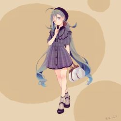 Rule 34 | 1girl, ahoge, alternate costume, bag, beret, black footwear, black hat, brown background, brown legwear, colis, dress, full body, grey dress, grey eyes, grey hair, hat, kantai collection, kiyoshimo (kancolle), long hair, low twintails, mary janes, one eye closed, plaid, plaid dress, shoes, solo, standing, twintails, very long hair
