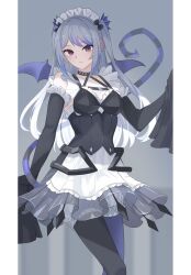 Rule 34 | 1girl, arianna the labrynth servant, arianna the labrynth servant (cosplay), blue hair, choker, cosplay, demon tail, demon wings, detached sleeves, dress, duel monster, frilled thighhighs, frills, grey hair, harness, heichi, highres, long hair, maid, maid headdress, purple eyes, sleeves past fingers, sleeves past wrists, solo, standing, tail, tearlaments scheiren, thighhighs, wings, yu-gi-oh!