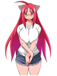 Rule 34 | 1girl, ahoge, animal ears, blue eyes, blush, breasts, breasts squeezed together, cat ears, crossed arms, denim, denim shorts, glasses, huge breasts, large breasts, long hair, looking at viewer, own hands together, red-framed eyewear, red hair, ryoji (nomura ryouji), shirt, short sleeves, shorts, simple background, solo, white background
