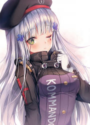 Rule 34 | 1girl, ;(, bad id, bad pixiv id, beret, black hat, black sleeves, blunt bangs, blush, breasts, closed mouth, clothes writing, cross hair ornament, eyelashes, facial mark, girls&#039; frontline, gloves, goggles, goggles around neck, greyscale, hair ornament, hat, high collar, highres, hk416 (girls&#039; frontline), jacket, long hair, long sleeves, looking at viewer, medium breasts, monochrome, purple jacket, sidelocks, silver hair, simple background, solo, ttosom, upper body, very long hair, white background, white gloves