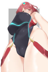 Rule 34 | 1girl, bare shoulders, black one-piece swimsuit, blush, breasts, c@rbon, competition swimsuit, foreshortening, from below, highleg, highleg swimsuit, highres, large breasts, looking at viewer, looking down, one-piece swimsuit, perspective, pyra (pro swimmer) (xenoblade), pyra (xenoblade), red eyes, red hair, short hair, swept bangs, swimsuit, thighs, tiara, xenoblade chronicles (series), xenoblade chronicles 2