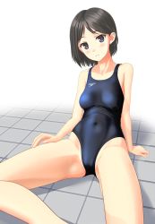 Rule 34 | 1girl, absurdres, black eyes, black hair, black one-piece swimsuit, breasts, clothes writing, collarbone, commentary request, cowboy shot, highres, looking at viewer, medium breasts, one-piece swimsuit, original, parted lips, short hair, simple background, sitting, solo, speedo (company), swimsuit, takafumi, tile floor, tiles, white background