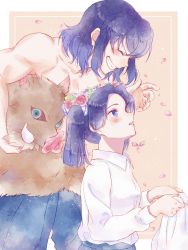 Rule 34 | 1boy, 1girl, absurdres, baggy pants, black hair, blue hair, blue pants, blush, boar mask, butterfly hair ornament, closed eyes, collared shirt, commentary request, cowboy shot, flower wreath, fur-trimmed pants, fur trim, gradient hair, grin, hair ornament, hashibira inosuke, head wreath, highres, holding, holding cloth, kanzaki aoi (kimetsu no yaiba), kimetsu no yaiba, light brown background, long hair, long sleeves, looking up, multicolored hair, open mouth, pants, petals, shirt, signature, smile, standing, teeth, topless male, twintails, upper body, violet viora, white shirt