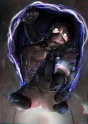 Rule 34 | 1girl, absurdres, apex legends, black gloves, black hair, bodysuit, breasts, cable, cou (captain armstrong), gloves, glowing, glowing eyes, highres, looking down, mask, medium breasts, mouth mask, no pupils, official alternate costume, open hand, portal (object), purple bodysuit, realistic, solo, void specialist wraith, white eyes, wraith (apex legends)