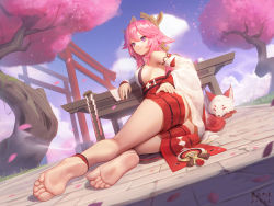 Rule 34 | 1girl, animal ears, anklet, armpits, ass, bare legs, barefoot, breasts, detached sleeves, earrings, feet, floppy ears, foot focus, fox ears, genshin impact, hand on own ass, japanese clothes, jewelry, kimono, long hair, looking at viewer, looking back, low-tied long hair, miko, no shoes, pink hair, sarena, sideboob, soles, thighhighs, toes, yae miko