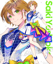 Rule 34 | 1girl, arm at side, blue necktie, brown hair, character name, closed mouth, commentary request, double-parted bangs, full body, green eyes, hair between eyes, hand up, happy birthday, high heels, highres, idolmaster, idolmaster cinderella girls, jacket, lapels, looking at viewer, miniskirt, necktie, notched lapels, overskirt, pink skirt, pleated skirt, quatraise, shirt, short-sleeved jacket, short hair, short necktie, short sleeves, skirt, smile, solo, white footwear, white jacket, white shirt, white skirt, yoshioka saki