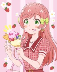 Rule 34 | 1girl, :q, blush stickers, bow, braid, commentary, earrings, food, food on face, french braid, fruit, green bow, hair bow, haruru (dontacocon), hirogaru sky! precure, ice cream, jewelry, long hair, multiple hair bows, nijigaoka mashiro, pink bag, pink hair, precure, puffy short sleeves, puffy sleeves, short sleeves, solo, strawberry, swept bangs, symbol-only commentary, tongue, tongue out
