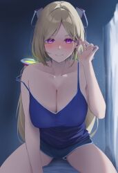 Rule 34 | 1girl, aki rosenthal, alternate costume, blonde hair, blue one-piece swimsuit, blush, bob cut, breasts, cleavage, closed mouth, commentary, detached hair, hand on own ear, haro art, headgear, highres, hololive, large breasts, looking at viewer, low twintails, one-piece swimsuit, parted bangs, purple eyes, short hair, smile, swimsuit, symbol-only commentary, twintails, virtual youtuber