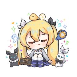 Rule 34 | 127, 1girl, bao bao (dokibird), blonde hair, blue footwear, blue skirt, boombox, boots, chibi, closed eyes, closed mouth, dokibird (vtuber), dragoon (dokibird), egg, full body, heart, highres, indie virtual youtuber, jacket, mei mei (dokibird), musical note, simple background, sitting, skirt, smile, solo, virtual youtuber, white background, white jacket