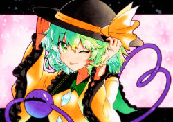 Rule 34 | 1girl, ;p, bad id, bad twitter id, black border, black hat, blurry, border, breasts, buttons, depth of field, diamond button, frilled shirt collar, frills, green eyes, green hair, hair between eyes, hands on headwear, hands up, hat, hat ribbon, heart, heart of string, highres, komeiji koishi, letterboxed, light blush, long sleeves, looking at viewer, medium breasts, medium hair, one eye closed, qqqrinkappp, ribbon, shirt, solo, third eye, tongue, tongue out, touhou, upper body, wide sleeves, yellow ribbon, yellow shirt