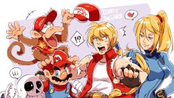 Rule 34 | !?, 1girl, ^^^, animal, ape, blonde hair, blue eyes, blush, bodysuit, bone, breasts, character name, diddy kong, donkey kong (series), facial hair, fatal fury, gloves, hat, heart, high ponytail, jacket, long hair, looking at viewer, mario, mario (series), medium breasts, metroid, mole, mole under mouth, monkey, mustache, nintendo, nowitsevenhotter, open mouth, overalls, ponytail, samus aran, sans (undertale), simple background, skeleton, skin tight, smile, spoken heart, spoken interrobang, super smash bros., tail, terry bogard, the king of fighters, undertale, zero suit