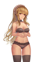 Rule 34 | 1girl, black bra, black choker, black panties, blonde hair, blunt bangs, blush, bra, breasts, brown dust, brown thighhighs, choker, closed mouth, cowboy shot, frilled choker, frills, gluteal fold, head tilt, highres, lace, lace-trimmed bra, lace-trimmed panties, lace trim, legs apart, long hair, looking at viewer, maid headdress, medium breasts, navel, own hands together, panties, red eyes, sidelocks, simple background, solo, standing, steepled fingers, stomach, thighhighs, underwear, underwear only, white background, yougenko