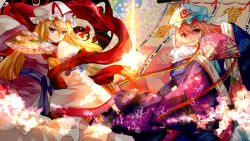 Rule 34 | 2girls, adapted costume, backlighting, blonde hair, blue kimono, bow, breasts, cloud print, colored eyelashes, commentary request, dress, floral print, folding fan, gap (touhou), hagoromo, hair between eyes, hair bow, hand fan, hand up, hands up, hat, hat ribbon, japanese clothes, kimono, light, long hair, long sleeves, looking at viewer, mob cap, multiple girls, nagare, open mouth, patterned background, pink eyes, pink hair, purple eyes, ribbon, ribbon-trimmed collar, ribbon-trimmed sleeves, ribbon trim, saigyouji yuyuko, shawl, short hair, smile, tabard, touhou, traditional clothes, triangular headpiece, veil, very long hair, white dress, wide sleeves, yakumo yukari