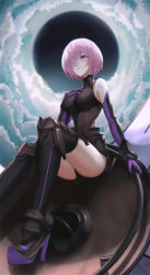 Rule 34 | 1girl, absurdres, armored leotard, black gloves, black leotard, black thighhighs, breasts, breasts apart, elbow gloves, fate/grand order, fate (series), from below, gloves, hair over one eye, highres, leotard, mash kyrielight, medium breasts, pink hair, purple eyes, purple gloves, short hair, sitting, solo, thighhighs, two-tone gloves, xeonomi